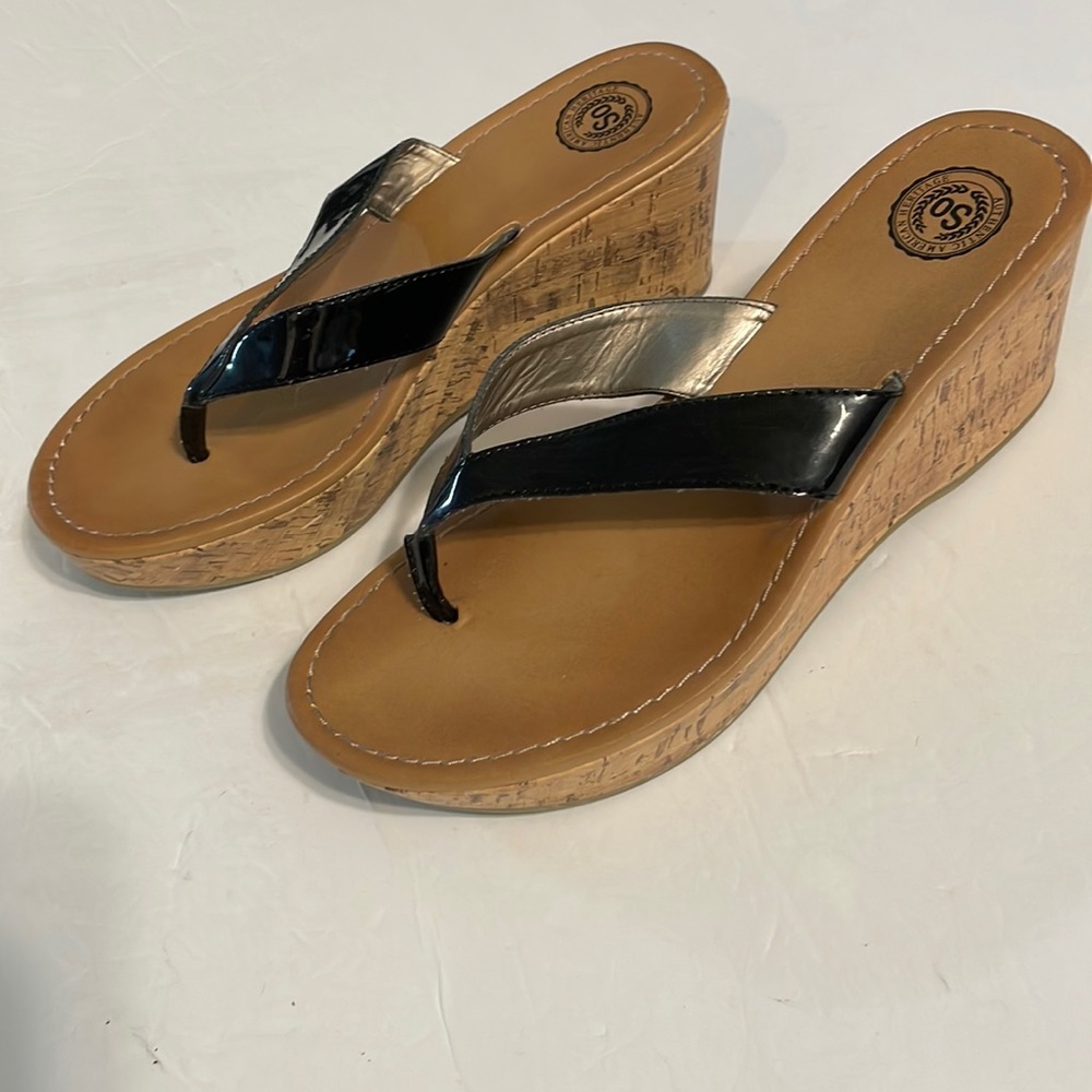 SO | Black Vegan Patent Leather Slip On Thong Cork Wedge Sandals Women's